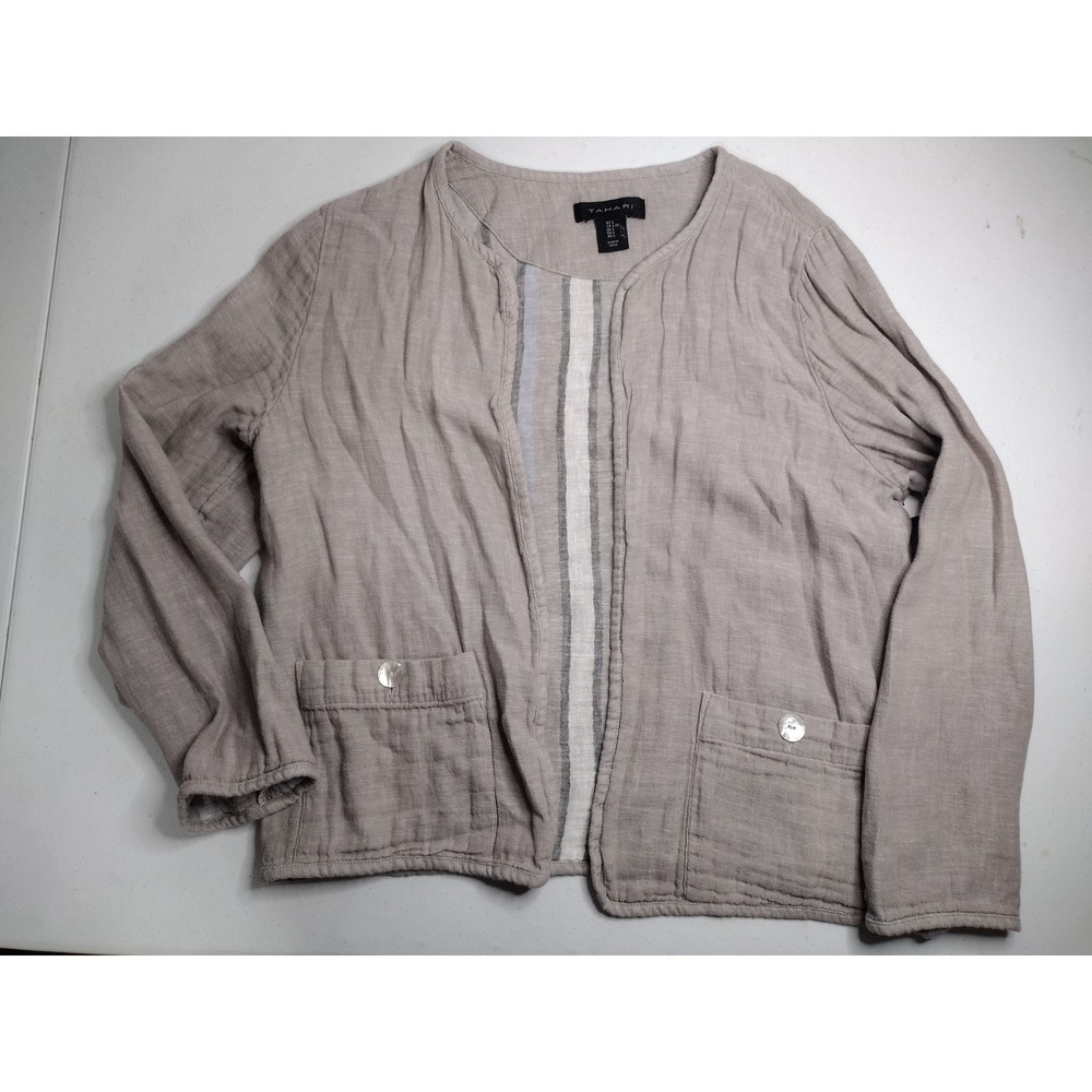 Tahari Linen Blend‎ Open Front Jacket Taupe Grey Striped Lining Large